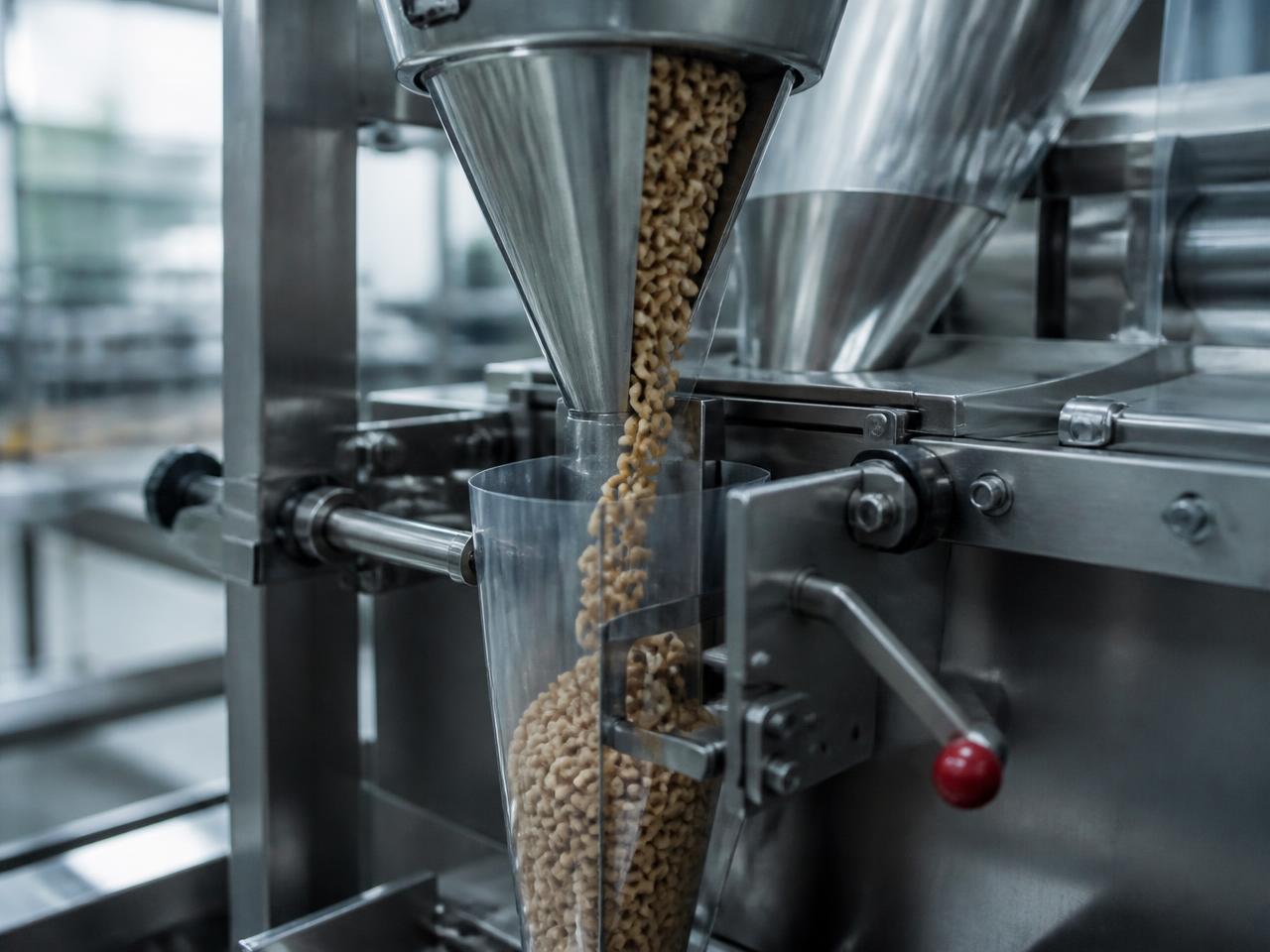 Trockenprodukt laeuft aus einem Edelstahltrichter in das Formrohr einer Schlauchbeutelmaschine